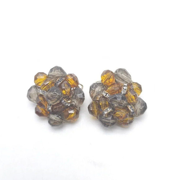 Vintage Castlecliff Amber Gray Crystal Cluster Clip-On Earrings - Picture 1 of 5